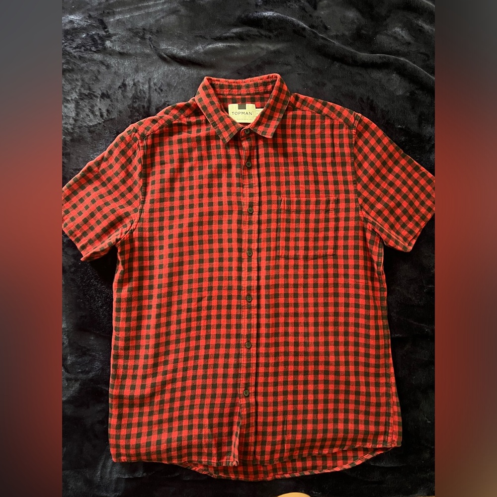 Topman Men’s Short Sleeve Red & Black Flannel Size Large